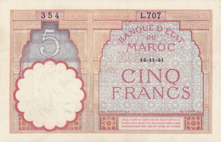 Maroc 5 Francs 14-11-1941 - SUP- Série L.707 - P.23Ab