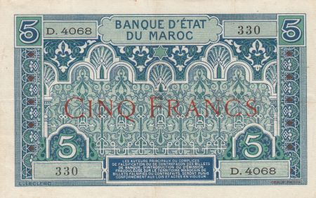 Maroc 5 Francs Ornements - 1924 - Série D.4068 - TTB + - P.9