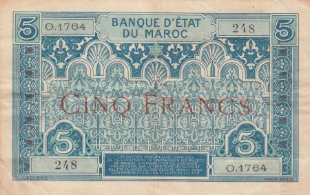 Maroc 5 Francs Ornements - 1924 - Série O.1764 - TTB - P.9