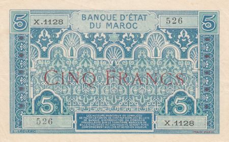 Maroc 5 Francs Ornements - 1924 - Série X.1128 - SUP - P.9