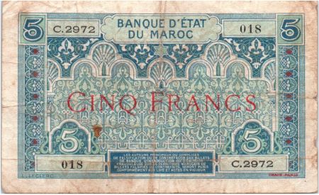 Maroc 5 Francs Ornements - 1924