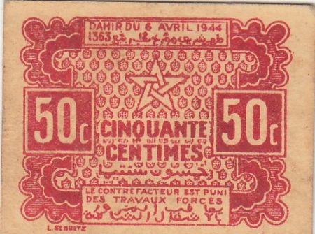 Maroc 50 Centimes, Empire Cherifien 06.04.1944 - 3eme ex