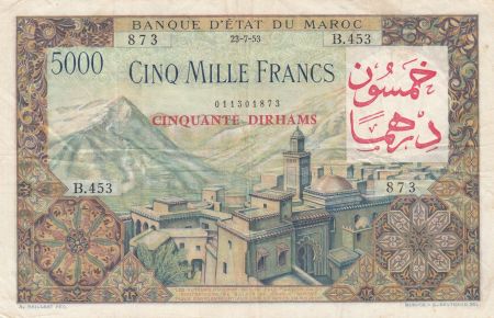 Maroc 50 Dirhams sur 5000 Francs surchargé  02-04-1953 - Série B.453- TTB - P.51