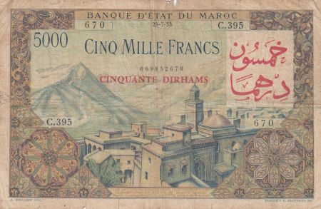 Maroc 50 Dirhams sur 5000 Francs surchargé  02-04-1953 - Série C.395 - p.TB - P.51