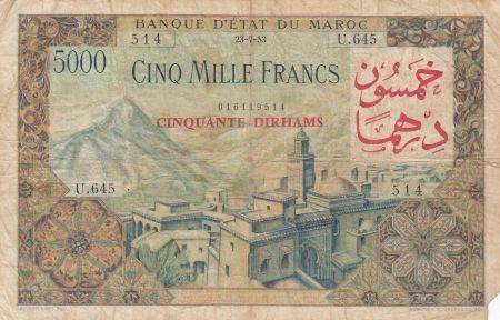 Maroc 50 Dirhams sur 5000 Francs surchargé  02-04-1953 - Série U.645 - B + - P.51