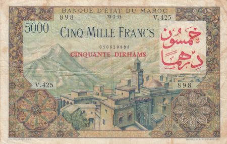 Maroc 50 Dirhams sur 5000 Francs surchargé  02-04-1953 - Série V.425 - TTB - P.51