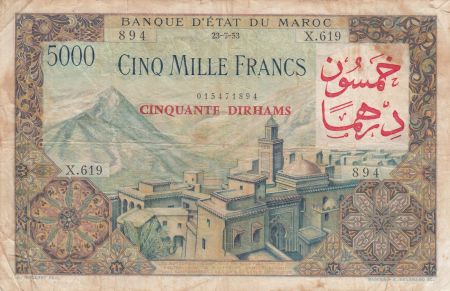 Maroc 50 Dirhams sur 5000 Francs surchargé  02-04-1953 - Série X.619 - TB - P.51