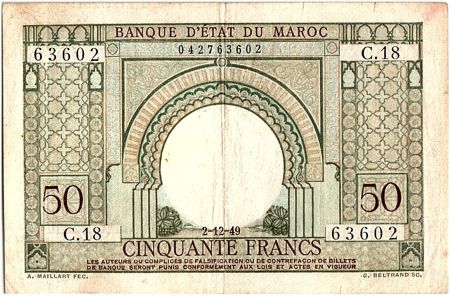Maroc 50 Francs Porte, décor oriental - 02-12-1949 - TTB - Série C.18 - P.44