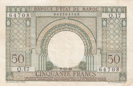 Maroc 50 Francs Porte, décor oriental - 02-12-1949 - TTB - Série Q.17 - P.44