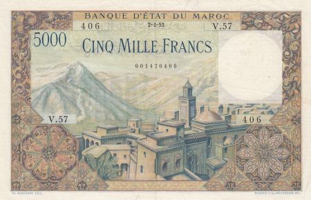 Maroc 5000 Francs Mosquée, barrage  - 02-04-1953 - Série V.57 - TTB + - P.49