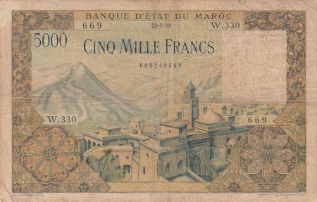 Maroc 5000 Francs Mosquée, barrage  - 23-07-1953 - Série W.330 - TB - P.49