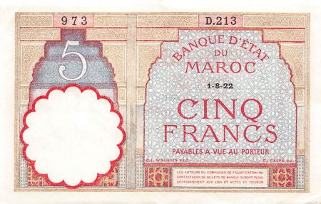 Maroc MAROC  BANQUE D\'ETAT - 5 FRANCS 01/08/1922 - SÉRIE D.213