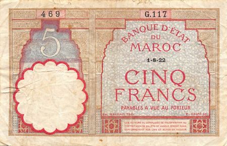 Maroc MAROC  BANQUE D\'ETAT - 5 FRANCS 01/08/1922 - SÉRIE G.117