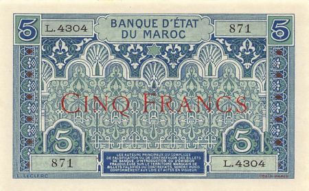 Maroc MAROC  BANQUE D\'ÉTAT - 5 FRANCS 1924 Série L.4304 / 871