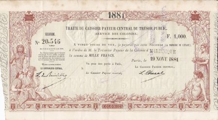 Martinique 1000 Francs, Traite du Trésor Public - 1881