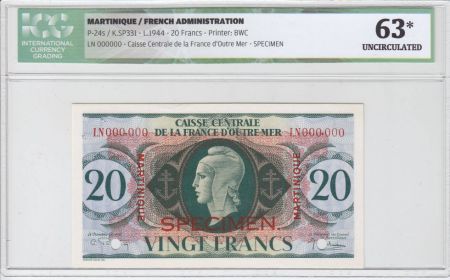 Martinique 20 Francs Marianne  - UNC63 - 1944