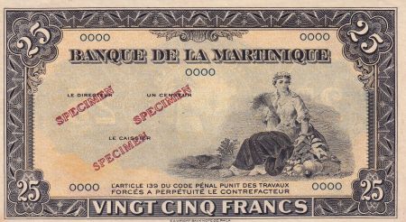 Martinique 25 Francs - Agriculture - ND (1943) - Spécimen OOOO - P.17s