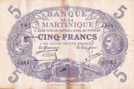 Martinique 5 Francs - Cabasson - Violet - 1901 (1934) - Série J.254 - P.6