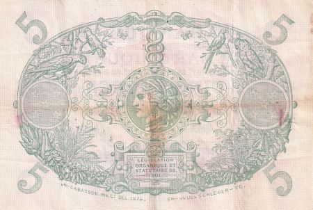Martinique 5 Francs - Cabasson - Violet - 1901 (1934) - Série J.254 - P.6