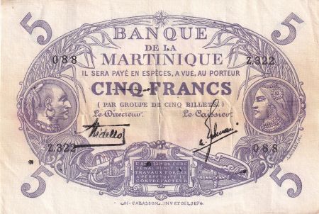 Martinique 5 Francs - Cabasson - Violet - 1901 (1934) - Série Z.322 - P.6