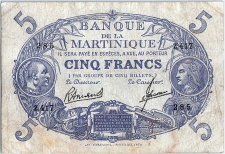 Martinique 5 Francs Cabasson, Bleu - 1901 (1945) Série Z.417