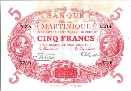 Martinique 5 Francs Cabasson, Rouge - 1901 (1932) Série C.214