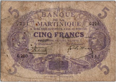Martinique 5 Francs Cabasson, Violet - 1901 (1932) Série G.220