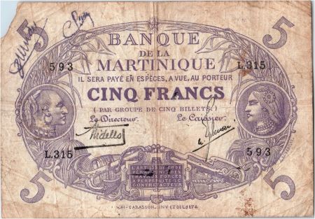 Martinique 5 Francs Cabasson, Violet - 1901 (1934) Série L.315