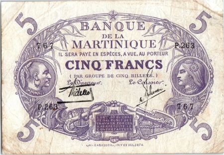 Martinique 5 Francs Cabasson, Violet - 1901 (1934) Série P.263
