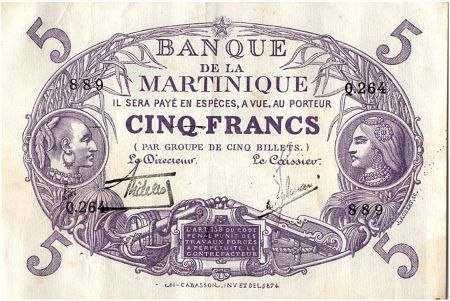 Martinique 5 Francs Cabasson, Violet - 1901 (1934) Série Q.264