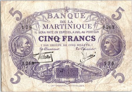Martinique 5 Francs Cabasson, Violet - 1901 (1934) Série S.263