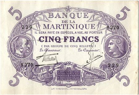 Martinique 5 Francs Cabasson, Violet - 1901 (1934) Série S.270