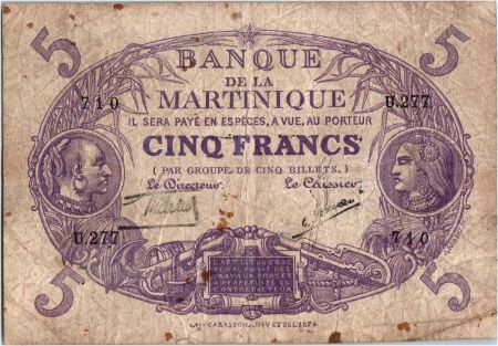 Martinique 5 Francs Cabasson, Violet - 1901 (1934) Série U.277
