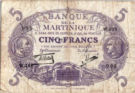 Martinique 5 Francs Cabasson, Violet - 1901 (1934) Série W.268