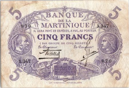 Martinique 5 Francs Cabasson, Violet - 1901 (1934) Série X.347