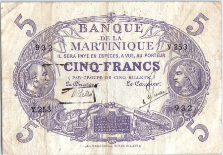 Martinique 5 Francs Cabasson, Violet - 1901 (1934) Série Y.253