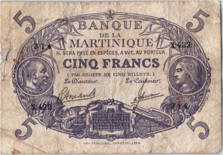 Martinique 5 Francs Cabasson, Violet - 1901 (1946) Série X.422