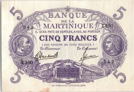 Martinique 5 Francs Cabasson, Violet - 1901 (1946) Série Z.390