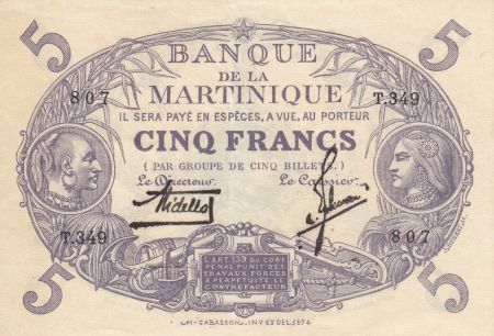 Martinique 5 Francs Cabasson, Violet - 1934 Série T.349