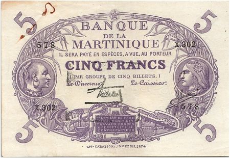 Martinique 5 Francs Cabasson, Violet - 1934 Série X.302