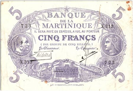 Martinique 5 Francs Cabasson, Violet - 1934 Série X.313