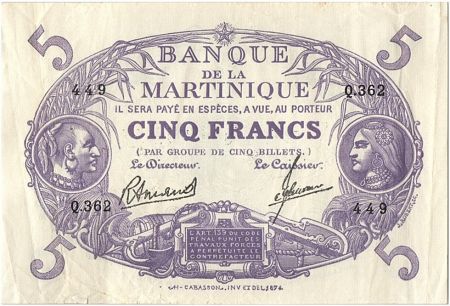 Martinique 5 Francs Cabasson, Violet - 1945 Série Q.362