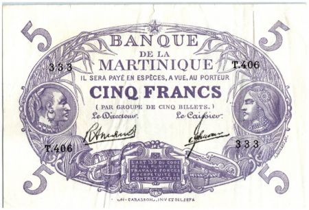 Martinique 5 Francs Cabasson, Violet - 1946 - T406