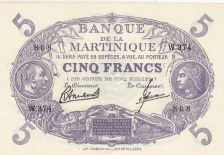 Martinique 5 Francs Cabasson, Violet - 1946 Série W.374