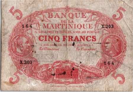 Martinique 5 Francs Cabasson rouge type 1901 (1932) Série X.203