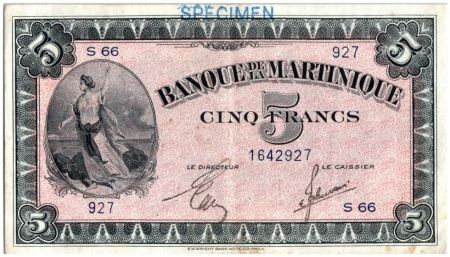 Martinique 5 Francs Liberté - 1942 - Spécimen - 1942