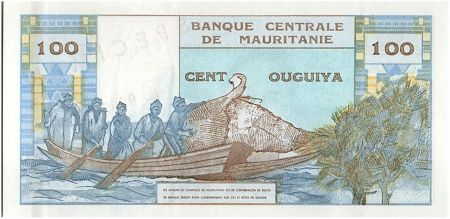 Mauritanie 100 Ouguiya 1973 - Femme, palmiers - Pêcheurs - Specimen