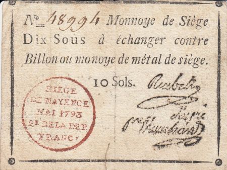 Mayence 10 Sols Noir - Tampon rouge - Mai 1793