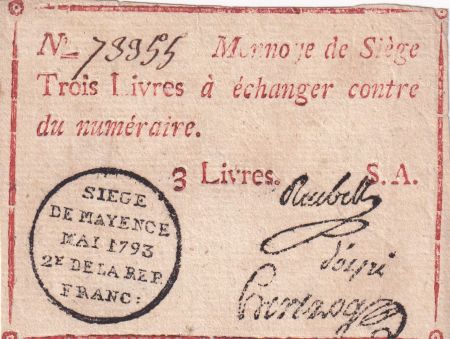 Mayence 3 Livres Rouge - Tampon noir - Mai 1793 - Série A