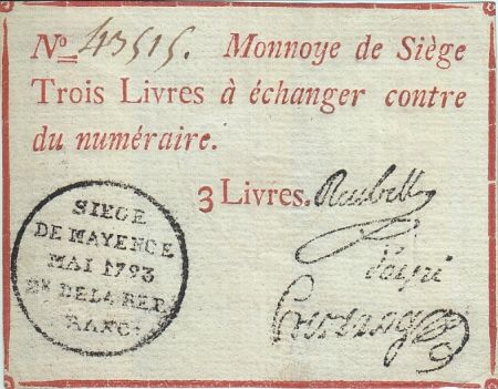 Mayence 3 Livres Rouge - Tampon noir - Mai 1793 N°43515